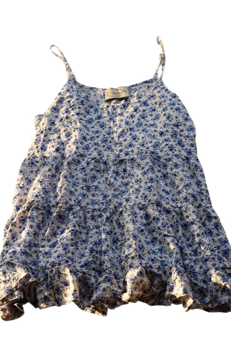 Deja Vu Blue Floral Tabled Tiered Mini Slip Dress with Ruffle Hem